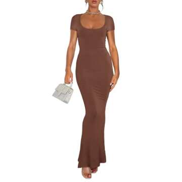 REORIA Women's 2024 Summer Sexy Scoop Neck Lounge Slimming Long Dress Elegant Wedding Guest Short Sleeve Ribbed Bodycon Maxi Dresses Coffee X-Small