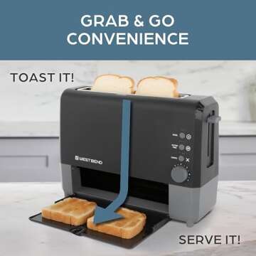 West Bend 77224 Toaster 2 Slice QuikServe Wide Slot Slide Through with Bagel and Gluten-Free Settings and Cool Touch Exterior Includes Removable Serving Tray, Black