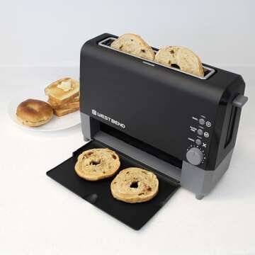 West Bend 77224 Toaster 2 Slice QuikServe Wide Slot Slide Through with Bagel and Gluten-Free Settings and Cool Touch Exterior Includes Removable Serving Tray, Black