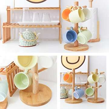 E-ROOM TREND Mug Holder, Coffee Mugs Holder, Mug Tree, Wood Coffee Cup Rack with 6 Hooks Stand for C...