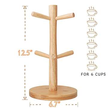 E-ROOM TREND Mug Holder, Coffee Mugs Holder, Mug Tree, Wood Coffee Cup Rack with 6 Hooks Stand for Countertop Coffee Bar Accessories and Decor, Natural Color