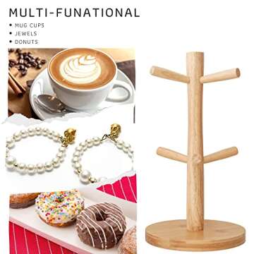 E-ROOM TREND Mug Holder, Coffee Mugs Holder, Mug Tree, Wood Coffee Cup Rack with 6 Hooks Stand for Countertop Coffee Bar Accessories and Decor, Natural Color