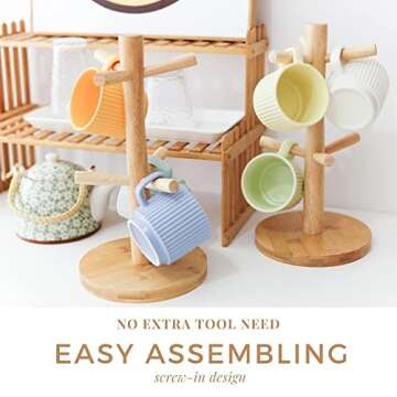 E-ROOM TREND Mug Holder, Coffee Mugs Holder, Mug Tree, Wood Coffee Cup Rack with 6 Hooks Stand for Countertop Coffee Bar Accessories and Decor, Natural Color