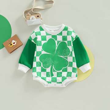 FunurHoome Newborn Baby Girl Boy Clothes St Patrick's Day Sweatshirt Romper Crewneck Shamrock Clover Print Bodysuit (Green Plaid 2, 6-12 Months)