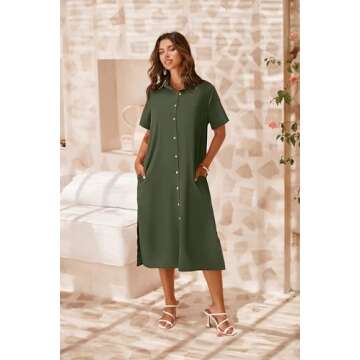 Zeagoo Womens Summer Dress Short Sleeve Casual Summer Sunress Tunic Dress Cover up with Pockets Green S