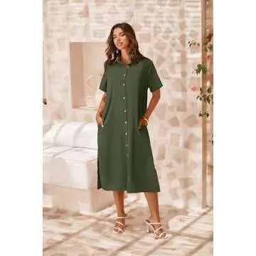 Zeagoo Womens Summer Dress Short Sleeve Casual Summer Sunress Tunic Dress Cover up with Pockets Green S