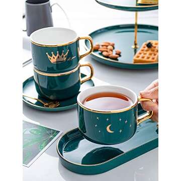 YBW 9 Oz Moon&Star/Crown Pattern Design Ceramic Coffee Mug Tea Cup with Saucer-Green