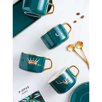 YBW 9 Oz Moon&Star/Crown Pattern Design Ceramic Coffee Mug Tea Cup with Saucer-Green