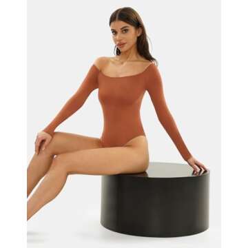 NEWVISISTER Women Seamless Off Shoulder Bodysuit Long Sleeve Tops T Shirt Jumpsuit Classy Collection, Caramel, X-Large-XX-Large