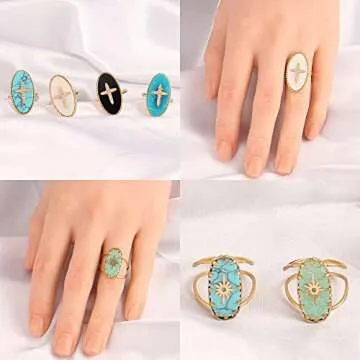 Vintage Natural Stone Enamel Open Ring for Women Jewelry