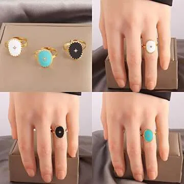 Vintage Natural Stone Enamel Open Ring for Women Jewelry