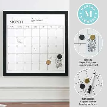 Martha Stewart Everette Magnetic Monthly Calendar Dry Erase Board with Included Dry Erase Marker and 2 Magnets, 18" x 18", Black Woodgrain Frame