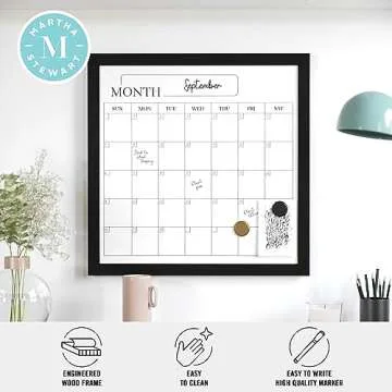 Martha Stewart Everette Magnetic Monthly Calendar Dry Erase Board with Included Dry Erase Marker and 2 Magnets, 18" x 18", Black Woodgrain Frame