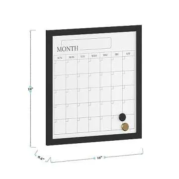 Martha Stewart Everette Magnetic Monthly Calendar Dry Erase Board with Included Dry Erase Marker and 2 Magnets, 18" x 18", Black Woodgrain Frame