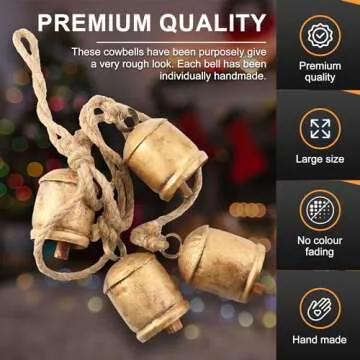 Christmas Bells - 4 Vintage Cluster Cow Bells on Rope, Hanging Decorative for Wall, Bedroom, Living Room, Door, Harmony Handmade Rustic Bell (Gold)