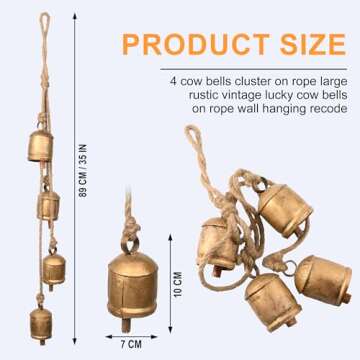 Christmas Bells - 4 Vintage Cluster Cow Bells on Rope, Hanging Decorative for Wall, Bedroom, Living Room, Door, Harmony Handmade Rustic Bell (Gold)