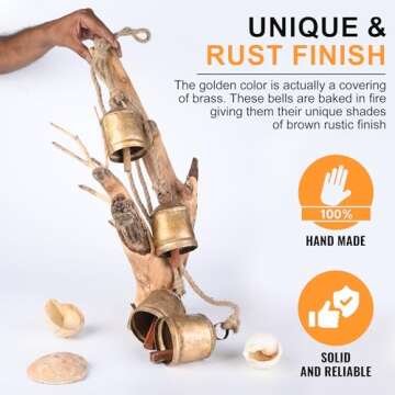 Christmas Bells - 4 Vintage Cluster Cow Bells on Rope, Hanging Decorative for Wall, Bedroom, Living Room, Door, Harmony Handmade Rustic Bell (Gold)