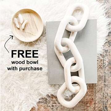 UPMODERN Wood Chain Link Decor- Hand Carved Decorative Wood Chain & Bowl, Large, 5 Link Chain Decor, White Washed