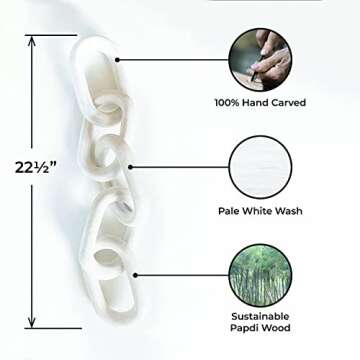 UPMODERN Wood Chain Link Decor- Hand Carved Decorative Wood Chain & Bowl, Large, 5 Link Chain Decor, White Washed