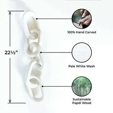 UPMODERN Wood Chain Link Decor- Hand Carved Decorative Wood Chain & Bowl, Large, 5 Link Chain Decor, White Washed