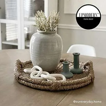 UPMODERN Wood Chain Link Decor- Hand Carved Decorative Wood Chain & Bowl, Large, 5 Link Chain Decor, White Washed