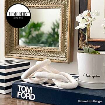 UPMODERN Wood Chain Link Decor- Hand Carved Decorative Wood Chain & Bowl, Large, 5 Link Chain Decor, White Washed