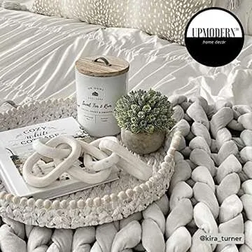 UPMODERN Wood Chain Link Decor- Hand Carved Decorative Wood Chain & Bowl, Large, 5 Link Chain Decor, White Washed