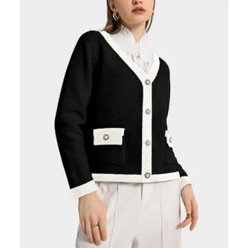 Casly Lamiit Womens 2025 Fashion Cardigan Sweaters Button Down V Neck Crop Fitted Chunky Cardigans Business Casual Work Clothes Knit Outerwear Black M