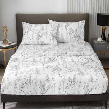 HYPREST Floral Sheets Queen Size,18 inches Deep Pocket Sheets, 1800 Thread Count Black and White Leaf Floral Bed Sheets Soft Breathable Cute Aesthetic Shabby Chic Bed Sheets, Oeko-Tex Certificated.