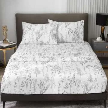 HYPREST Floral Sheets Queen Size,18 inches Deep Pocket Sheets, 1800 Thread Count Black and White Leaf Floral Bed Sheets Soft Breathable Cute Aesthetic Shabby Chic Bed Sheets, Oeko-Tex Certificated.