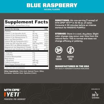 MTN OPS Yeti Monster Pre-Workout Powder Energy Drink, 30-Serving Tub, Blue Raspberry