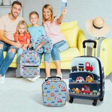 Goplus 5 Piece Kid’s Luggage Set, 16” Carry on Suitcase w/13” Backpack, Neck Pillow, Hardside Spinner Toddler Luggage, Travel Rolling Suitcase for Boys Girls Gifts (Blue, Car)