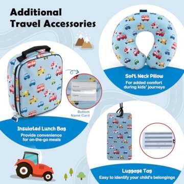 Goplus 5 Piece Kid’s Luggage Set, 16” Carry on Suitcase w/13” Backpack, Neck Pillow, Hardside Spinner Toddler Luggage, Travel Rolling Suitcase for Boys Girls Gifts (Blue, Car)