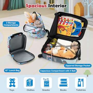 Goplus 5 Piece Kid’s Luggage Set, 16” Carry on Suitcase w/13” Backpack, Neck Pillow, Hardside Spinner Toddler Luggage, Travel Rolling Suitcase for Boys Girls Gifts (Blue, Car)