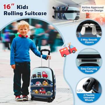 Goplus 5 Piece Kid’s Luggage Set, 16” Carry on Suitcase w/13” Backpack, Neck Pillow, Hardside Spinner Toddler Luggage, Travel Rolling Suitcase for Boys Girls Gifts (Blue, Car)