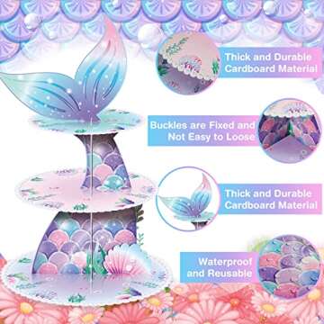 Zopeal 3 Tier Mermaid Cupcake Stand Party Decorations Mermaid Theme Cupcake Holder Mermaid Baby Shower Cake Holder Birthday Dessert Stand for Mermaid Ocean Under the Sea Party Supplies (Classic)