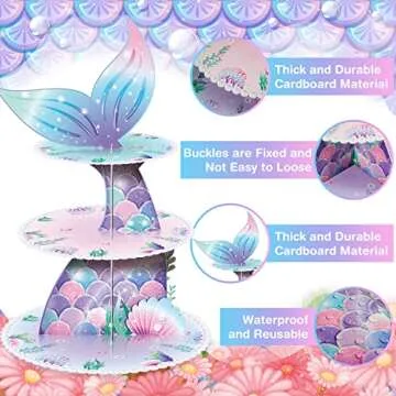 Zopeal 3 Tier Mermaid Cupcake Stand Party Decorations Mermaid Theme Cupcake Holder Mermaid Baby Shower Cake Holder Birthday Dessert Stand for Mermaid Ocean Under the Sea Party Supplies (Classic)