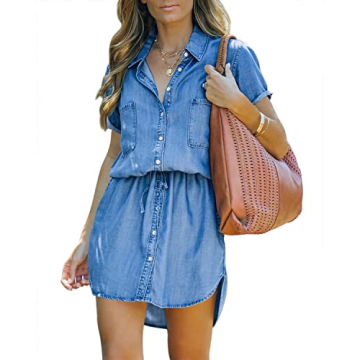 Imily Bela Women Denim Dress Casual Summer Jean Shirt Dress 2023 Short Sleeve Button Down Tie Waist ...