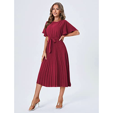 Milumia Women's Elegant Belted Pleated Flounce Sleeve Long Dress