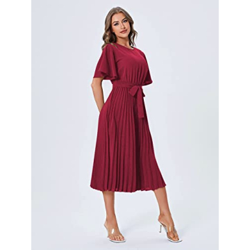 Milumia Women's Elegant Belted Pleated Flounce Sleeve Long Dress