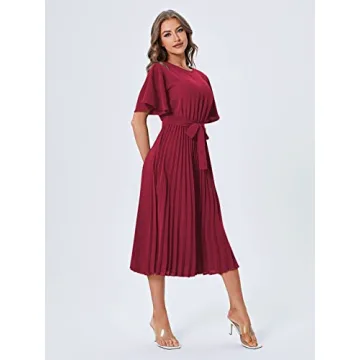 Milumia Women's Elegant Belted Pleated Flounce Sleeve Long Dress
