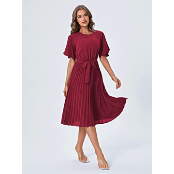 Milumia Women's Elegant Belted Pleated Flounce Sleeve Long Dress