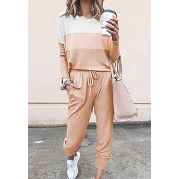 Fixmatti Women Color Block Sweatsuits Pant and Shirt Set Leisure Wear Lounge Suit Khaki 2XL