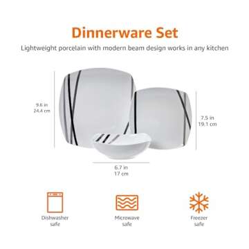 Amazon Basics - 18 Piece Kitchen Dinnerware Set - Square Plates, Bowls, Service for 6 - Modern Beams