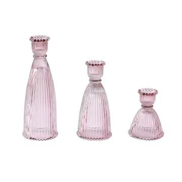 Joyfice Vertical Stripe Candlestick Holders Set of 3, Premium Glass Candle Holders for Candlesticks and Taper Candles, Vintage Candle Holder Decor for Table Centerpiece, Pink