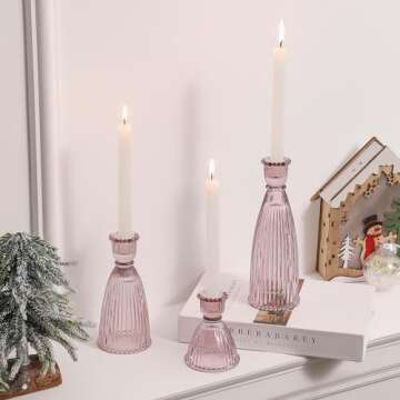 Joyfice Vertical Stripe Candlestick Holders Set of 3, Premium Glass Candle Holders for Candlesticks and Taper Candles, Vintage Candle Holder Decor for Table Centerpiece, Pink