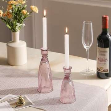 Joyfice Vertical Stripe Candlestick Holders Set of 3, Premium Glass Candle Holders for Candlesticks and Taper Candles, Vintage Candle Holder Decor for Table Centerpiece, Pink