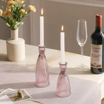 Joyfice Vertical Stripe Candlestick Holders Set of 3, Premium Glass Candle Holders for Candlesticks and Taper Candles, Vintage Candle Holder Decor for Table Centerpiece, Pink