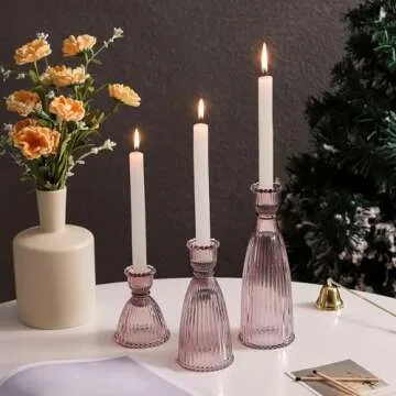 Joyfice Vertical Stripe Candlestick Holders Set of 3, Premium Glass Candle Holders for Candlesticks and Taper Candles, Vintage Candle Holder Decor for Table Centerpiece, Pink