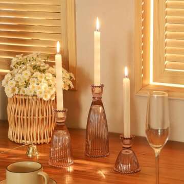 Joyfice Vertical Stripe Candlestick Holders Set of 3, Premium Glass Candle Holders for Candlesticks and Taper Candles, Vintage Candle Holder Decor for Table Centerpiece, Pink